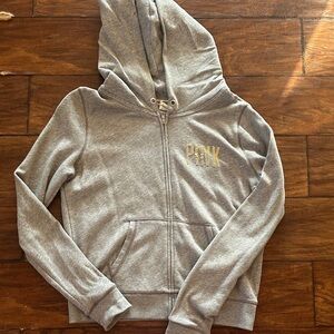 PINK Victoria's Secret Light Gray Zip Hoodie with Gold Logo
